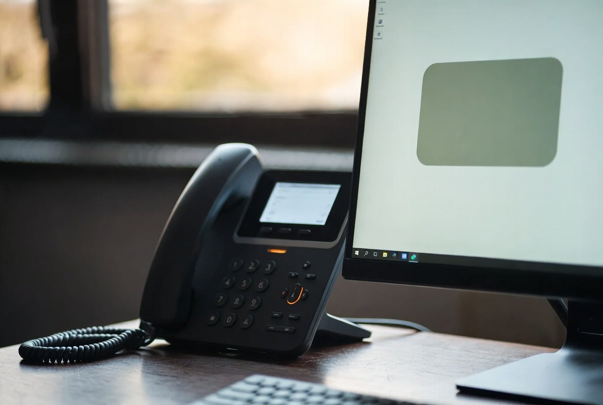 An IP desk phone beside a monitor showing an abstract customer record
