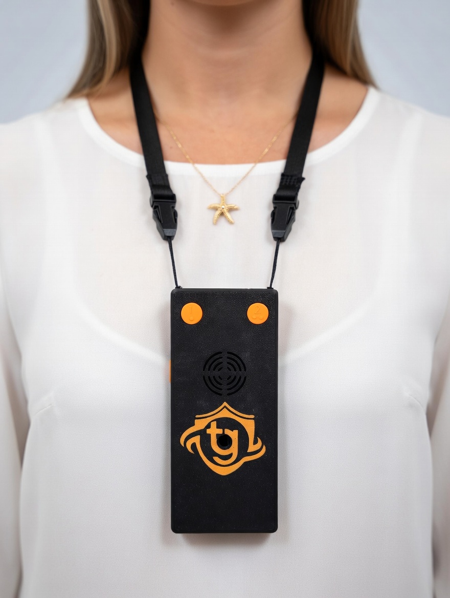 A staff member wearing the True Guardian emergency alert pendant