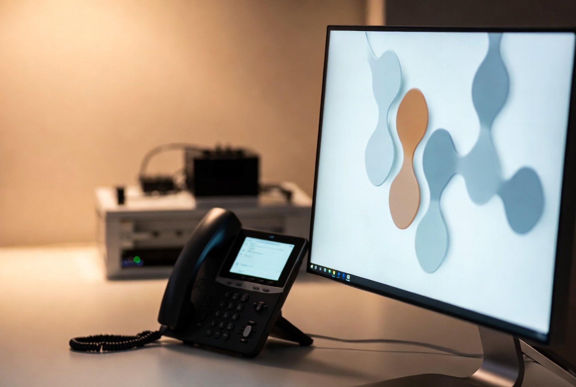 An IP desk phone beside a monitor showing abstract connected business apps