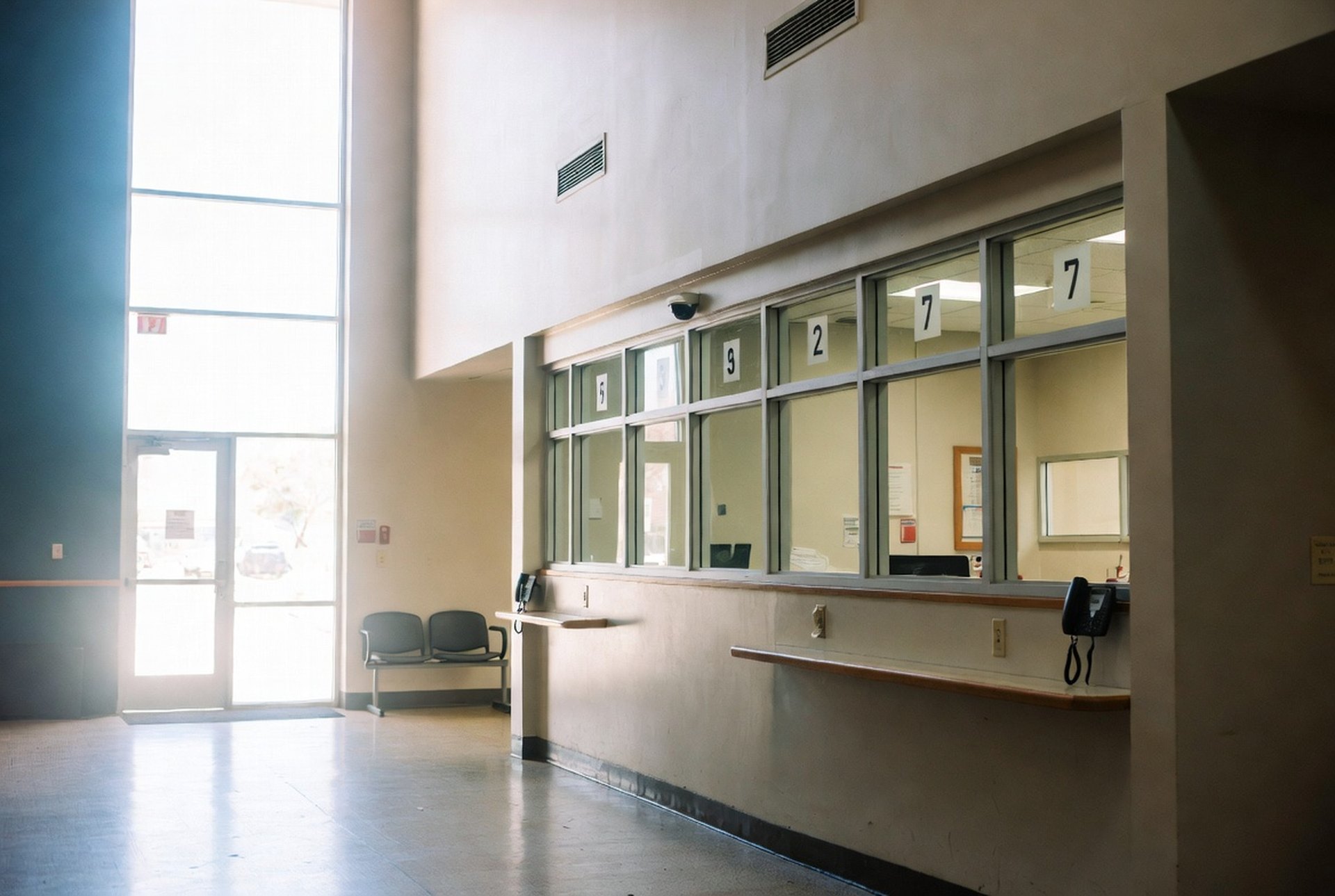 A county government public service lobby with a clerk counter and numbered service windows