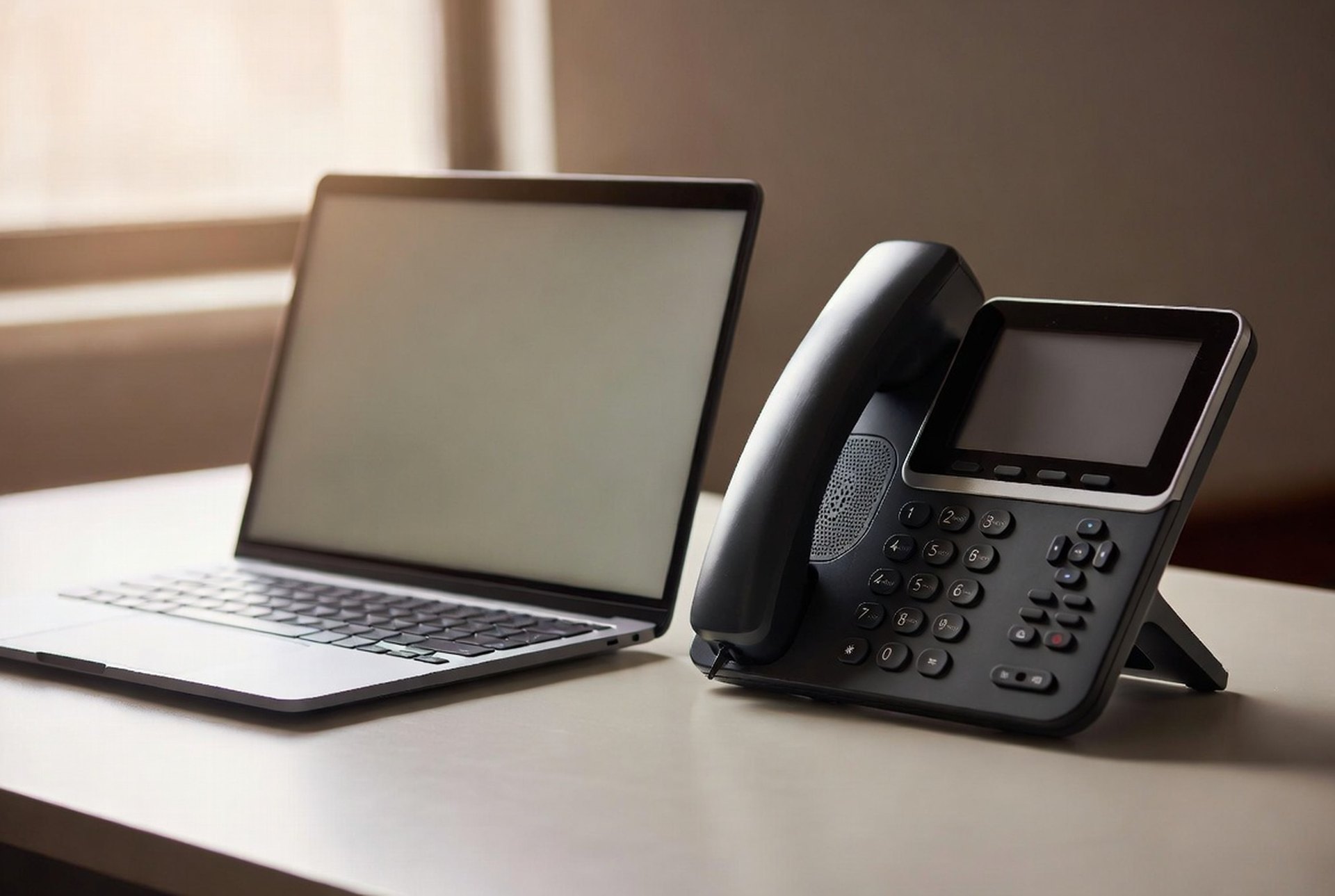 A business desk phone beside an open laptop on a clean desk