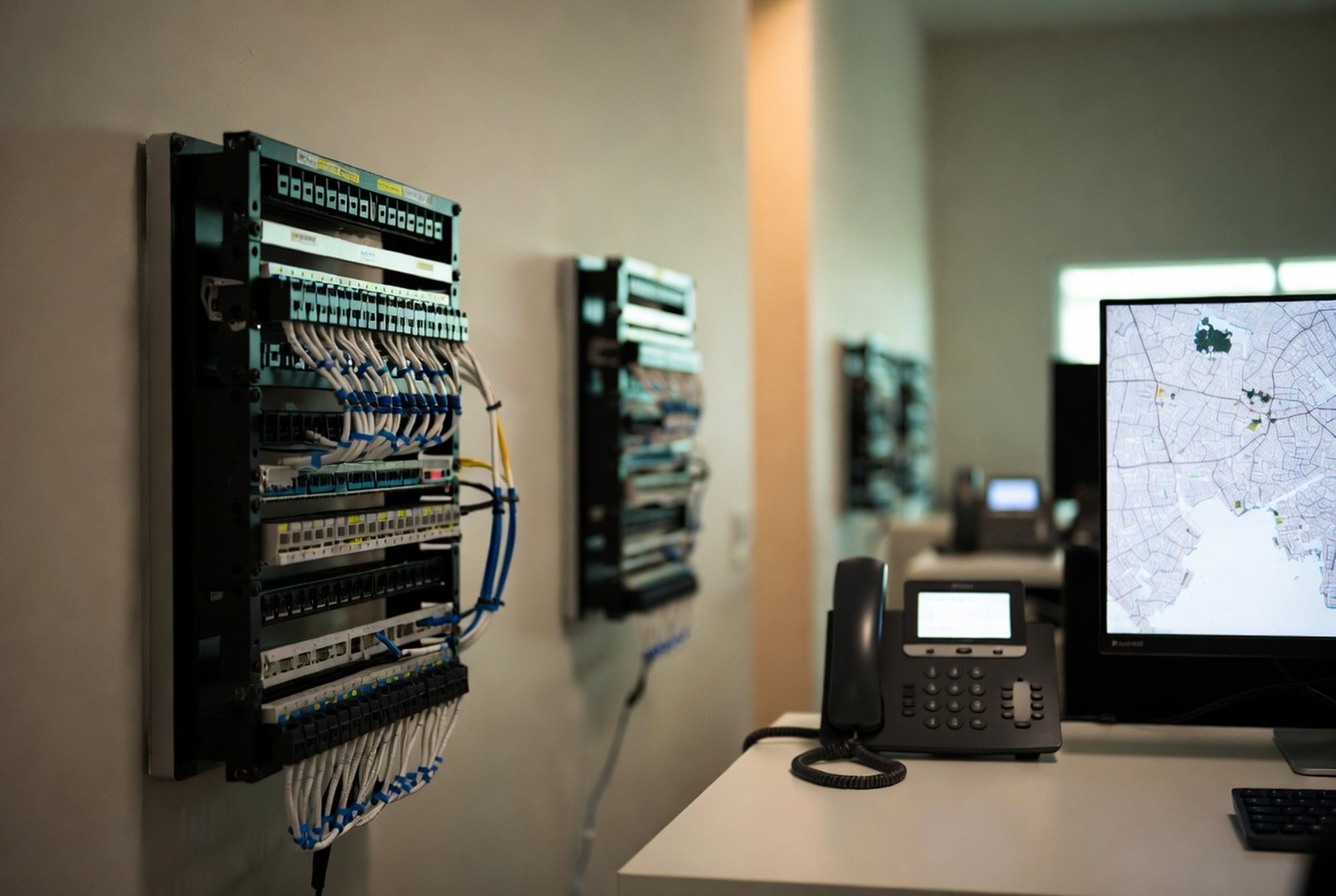 A tidy business IT area with a wall-mounted network rack and an IP phone at a desk